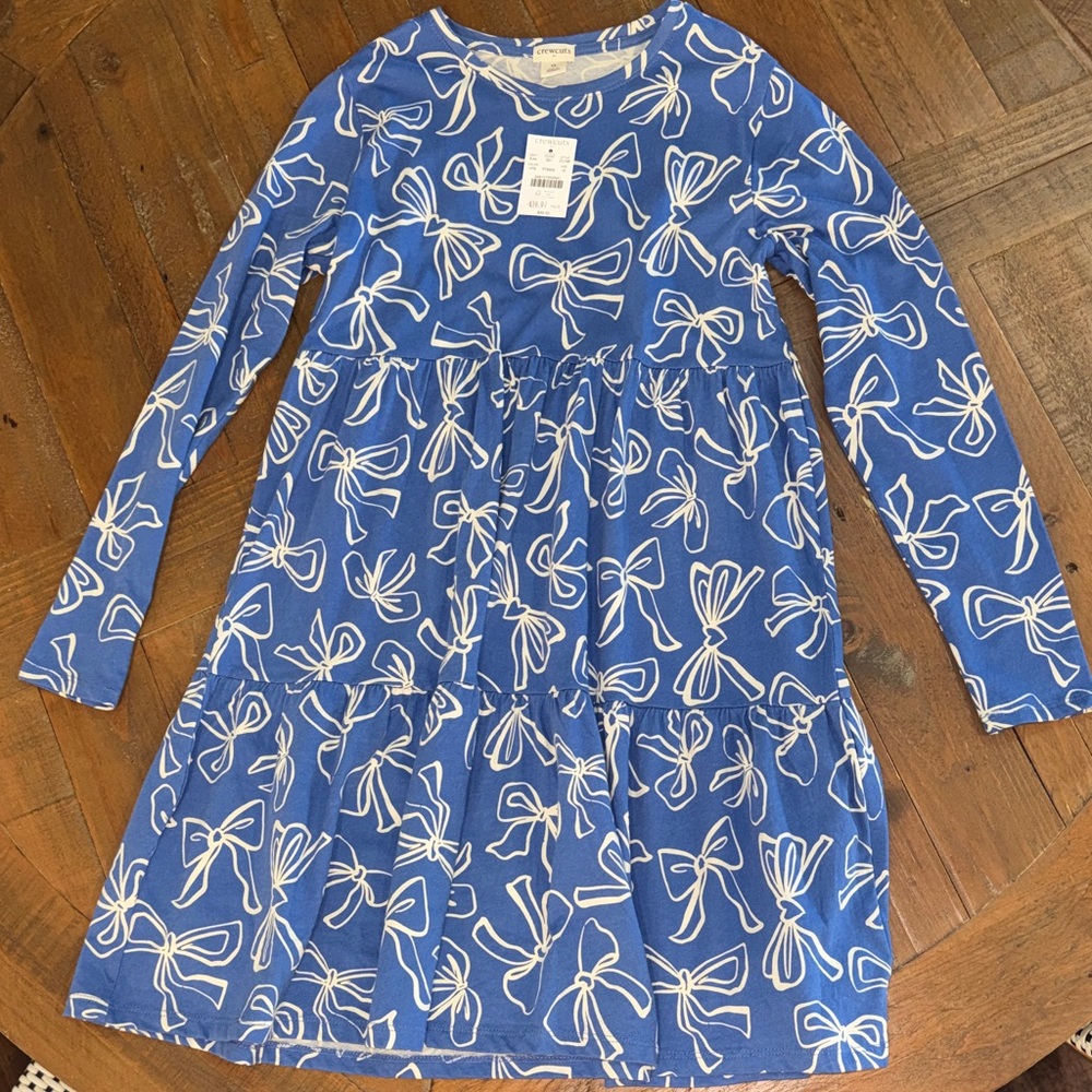Crewcuts Blue and White Bow Print Dress 12 NWT